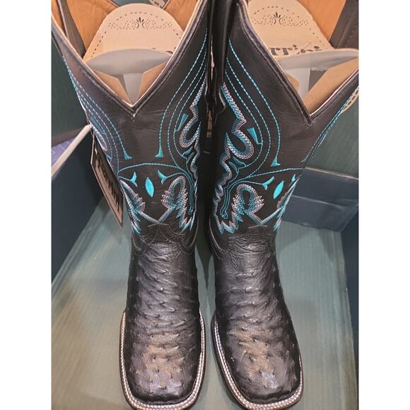 Ferrini mens cowboy Quail Ostrich Exotic Genuine Leather black square toe Boots main image 4